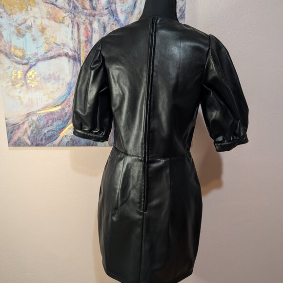 Y2K Inspired Black Faux Leather Mini Dress Size Small Puffy Short Sleeve Lined - Picture 5 of 12